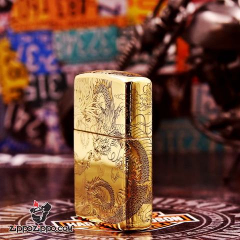 Bật Lửa Zippo Chính Hãng Đồng Nguyên Khối Khắc Rồng Và Phượng