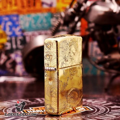 Bật Lửa Zippo Chính Hãng Đồng Nguyên Khối Khắc Rồng Và Phượng