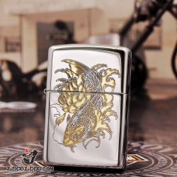 Bật Lửa Zippo Chính Hãng Khắc Hình Cá Rồng Bên Hoa Sen Bản Chrome Armor - Mã SP: ZPC2471-167