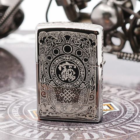 Bật Lửa Zippo Chính Hãng Khắc Tỳ Hưu Cưỡi Đồng Xu Đen Bóng