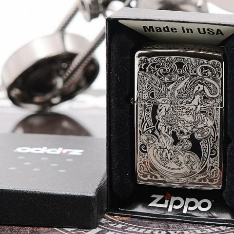Bật Lửa Zippo Chính Hãng Khắc Tỳ Hưu Cưỡi Đồng Xu Đen Bóng