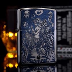 Bật Lửa zippo chính hãng Mầu Bạc Khắc Nàng Tiên Cá Và Ngọc Trai Đen - Mã SP: ZPC1939
