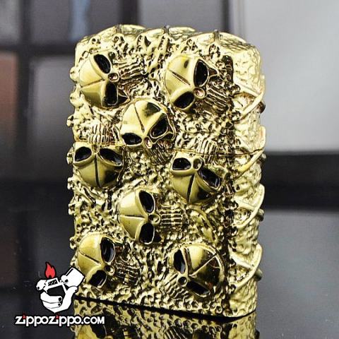 Bật lửa Zippo chính hãng nguyên khối mạ vàng khắc hộp sọ đầu lâu