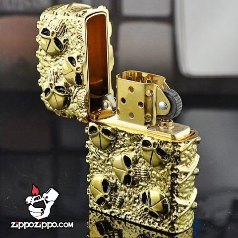 Bật lửa Zippo chính hãng nguyên khối mạ vàng khắc hộp sọ đầu lâu