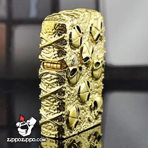 Bật lửa Zippo chính hãng nguyên khối mạ vàng khắc hộp sọ đầu lâu