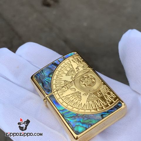 Bật Lửa Zippo Chính Hãng Xuất Nhật Khắc  La Bàn Khảm Trai Màu Vàng