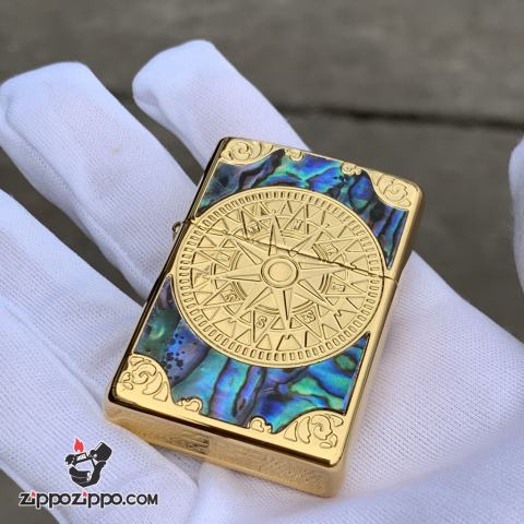 Bật Lửa Zippo Chính Hãng Xuất Nhật Khắc Mười Tám Sao La Bàn Khảm Trai Màu Vàng       