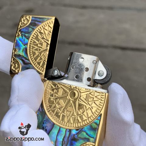 Bật Lửa Zippo Chính Hãng Xuất Nhật Khắc Mười Tám Sao La Bàn Khảm Trai Màu Vàng       
