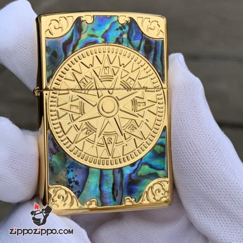 Bật Lửa Zippo Chính Hãng Xuất Nhật Khắc Mười Tám Sao La Bàn Khảm Trai Màu Vàng       
