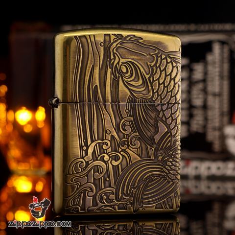 Bật lửa zippo đen in hoa văn cá chép Ver 2