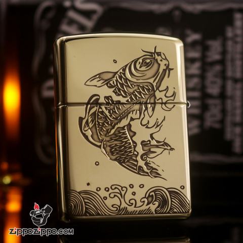 Bật lửa zippo đồng bóng armor khắc cá chép 2 mặt