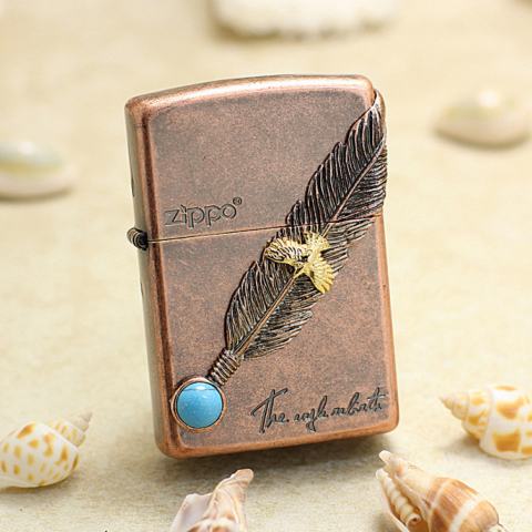 Bật Lửa Zippo Đồng Đỏ Xưa Ốp Lông Vũ Gắn Ngọc Lam