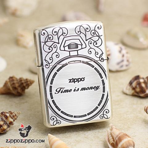 Bật Lửa Zippo Đồng Hồ Cổ Điển Màu Bạc Cổ Khảm Trai