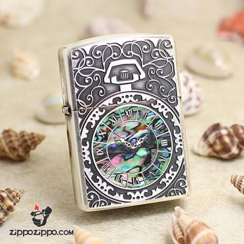 Bật Lửa Zippo Đồng Hồ Cổ Điển Màu Bạc Cổ Khảm Trai