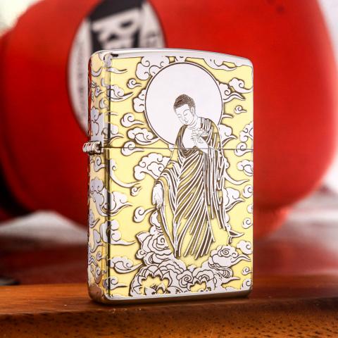 Bật lửa Zippo Đồng Khắc Đức Phật Vân Mây Bao Quanh Bản Mạ Chrome
