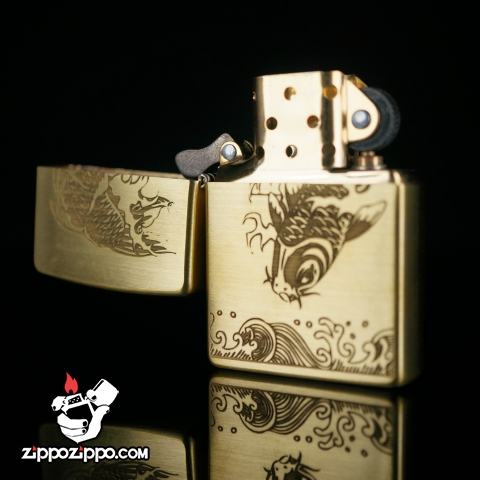 Bật lửa zippo đồng khắc hình cá chép vượt vũ môn