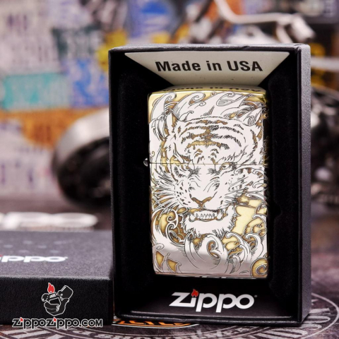 Bật lửa Zippo đồng khối khắc Hổ và móng vuốt Bản Chrome Amor