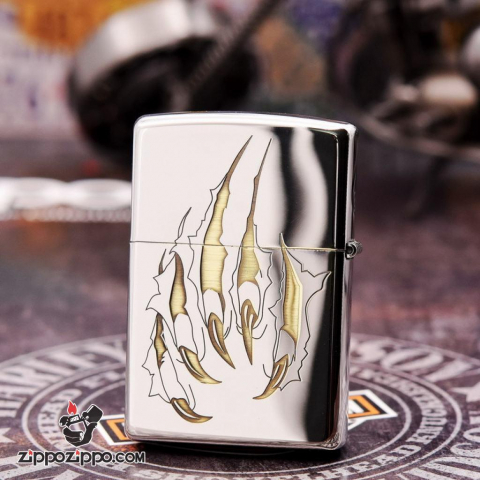 Bật lửa Zippo đồng khối khắc Hổ và móng vuốt Bản Chrome Amor