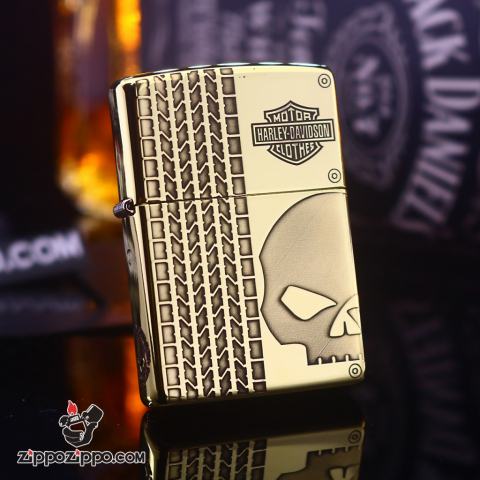 Bật lửa Zippo đồng khối khắc skull moto Harley Davidson