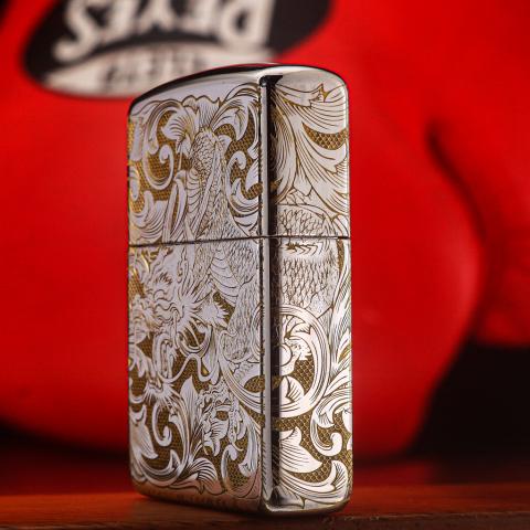 Bật Lửa Zippo Đồng Mạ Chrome Khắc Rồng Cuộn