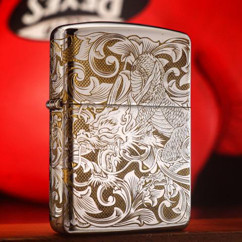Bật Lửa Zippo Đồng Mạ Chrome Khắc Rồng Cuộn