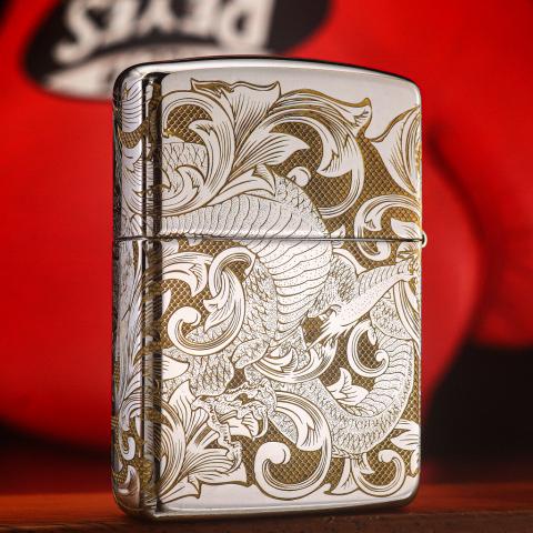 Bật Lửa Zippo Đồng Mạ Chrome Khắc Rồng Cuộn
