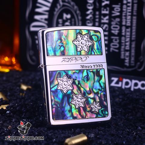 Bật Lửa Zippo Khắc Bông Tuyết Khảm Trai Xung Quanh