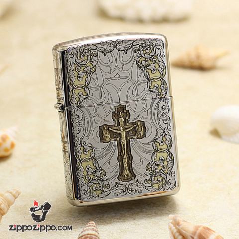 Bật Lửa Zippo Khắc Chữ Thập Và Kinh Thánh Màu Bạc