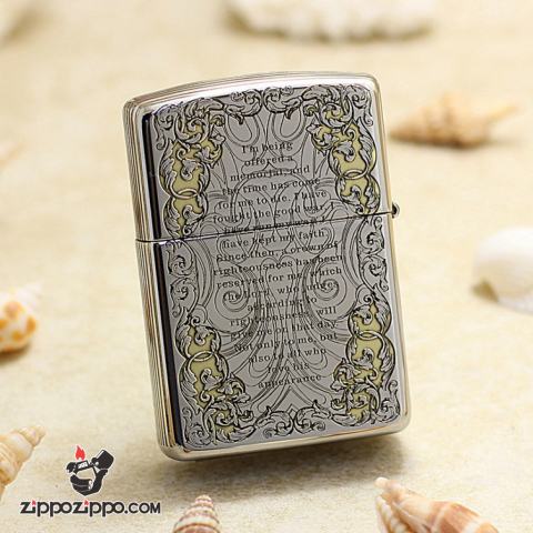 Bật Lửa Zippo Khắc Chữ Thập Và Kinh Thánh Màu Bạc