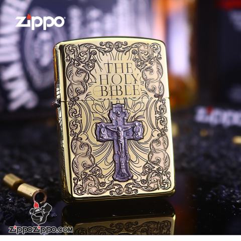 Bật Lửa Zippo Khắc Chữ Thập Và Kinh Thánh Màu Vàng Bản Ốp Nổi Bản Amor