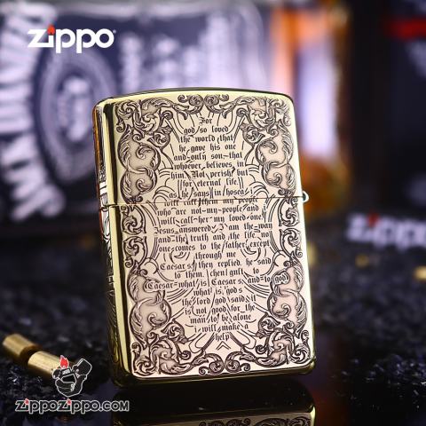 Bật Lửa Zippo Khắc Chữ Thập Và Kinh Thánh Màu Vàng Bản Ốp Nổi