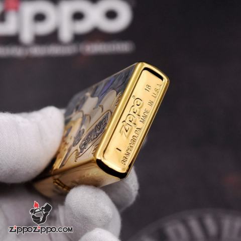 Bật Lửa Zippo Khắc Hình Chú Mèo Thần Tài May Mắn Khảm Trai vàng