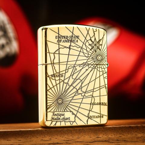 Bật lửa zippo khắc la bàn và bản đồ Ver.2 bản Armor đồng bóng