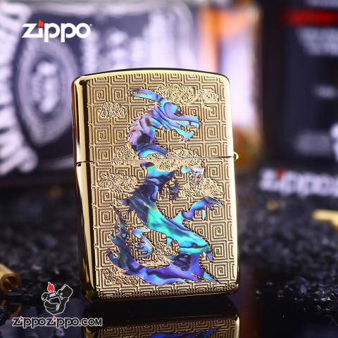 Bật Lửa Zippo Khảm trai Rồng Và Đính Ngọc Rồng Ở Giữa Bản Vàng