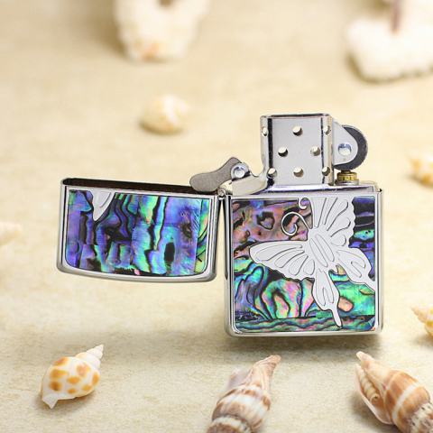 Bật Lửa Zippo Mạ Bạc Khảm Trai Xanh Hình Bướm Xinh