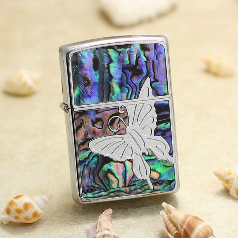 Bật Lửa Zippo Mạ Bạc Khảm Trai Xanh Hình Bướm Xinh