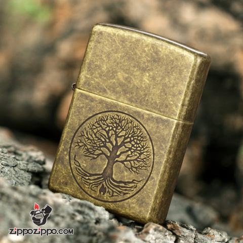 Bật Lửa Zippo Mạ Antique Brass Khắc Cây Sự Sống - SKU 29149