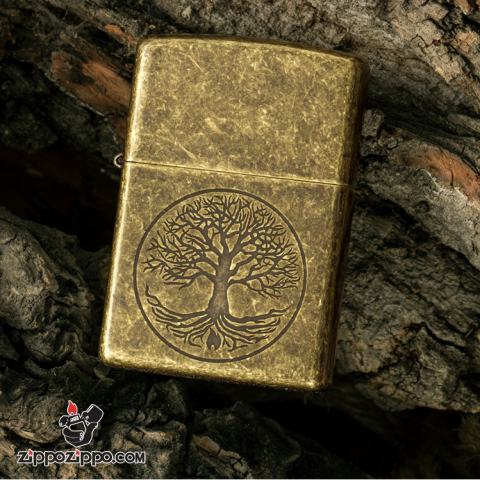 Bật Lửa Zippo Mạ Antique Brass Khắc Cây Sự Sống - SKU 29149