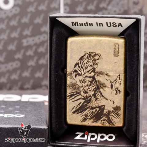 Bật Lửa Zippo Mạ Antique Brass Khắc Chúa Sơn Lâm