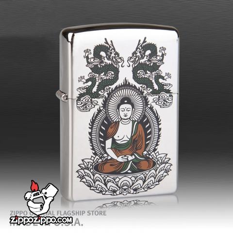 Bật lửa zippo mạ bạc khắc hình phật thích ca