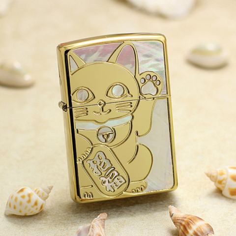 Bật Lửa Zippo Mạ Vàng Khảm Trai Ngà  Mèo Thần Tài May Mắn