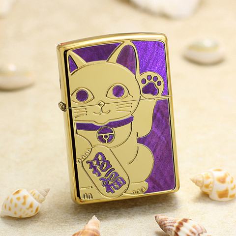 Bật Lửa Zippo Mạ Vàng Khảm Trai Tím  Mèo Thần Tài May Mắn