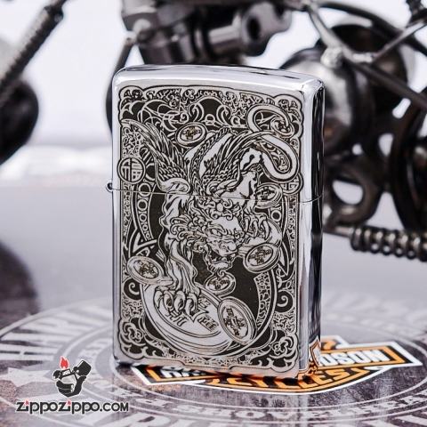 Bật Lửa Zippo Màu Bạc Chạm Khắc Hình Tỳ Hưu