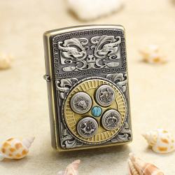 Bật Lửa Zippo Ốp Tứ Linh Đính Đá Ngọc Lam - Mã SP: ZPC3140