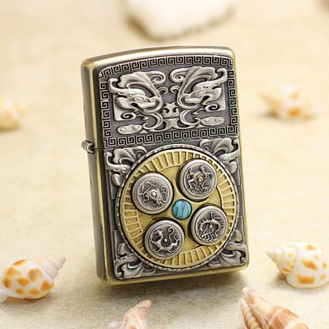 Bật Lửa Zippo Ốp Tứ Linh Đính Đá Ngọc Lam