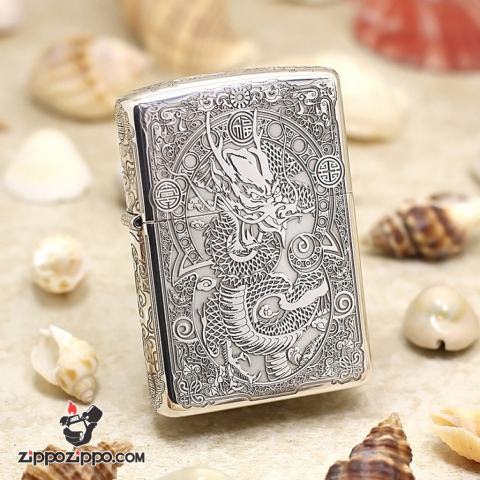 Bật lửa Zippo phiên bản Armor Bạc nguyên khối khắc hình Rồng Châu Á