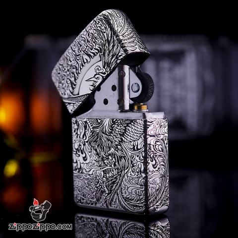 Bật lửa Zippo Phiên Bản Bạc Nguyên Khối Chạm Khắc Chim Phượng Hoàng