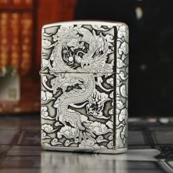 Bật lửa Zippo phiên bản Bạc nguyên khối khắc Rồng nhả ngọc - Mã SP: ZPC0897