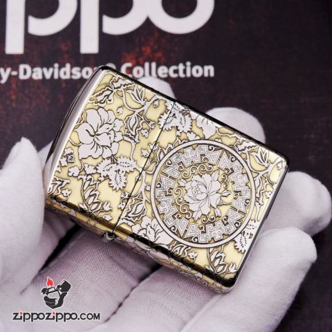 Bật lửa Zippo phiên bản chrome chạm khắc vòm hoa Mẫu Đơn vỏ dày