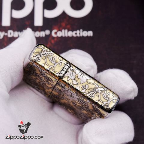 Bật lửa Zippo phiên bản chrome chạm khắc vòm hoa Mẫu Đơn vỏ dày
